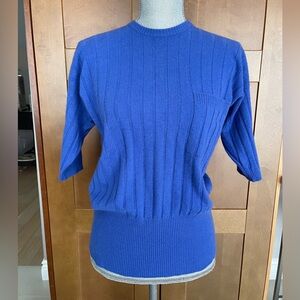 VINTAGE N. PEAL Women's Short-Sleeve Blue Ribbed 100% Cashmere Sweater, Medium